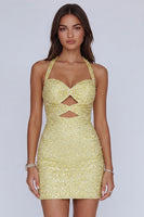 Load image into Gallery viewer, Sparkly Butter Yellow Halter Keyhole Tight Short Cocktail Dress with Pearls