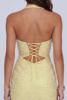Sparkly Butter Yellow Halter Keyhole Tight Short Cocktail Dress with Pearls
