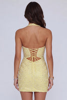 Load image into Gallery viewer, Sparkly Butter Yellow Halter Keyhole Tight Short Cocktail Dress with Pearls