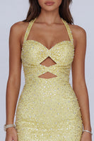 Load image into Gallery viewer, Sparkly Butter Yellow Halter Keyhole Tight Short Cocktail Dress with Pearls