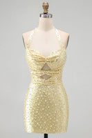 Load image into Gallery viewer, Sparkly Yellow Satin Tight Cut Out Halter Mini Cocktail Dress with Pearls