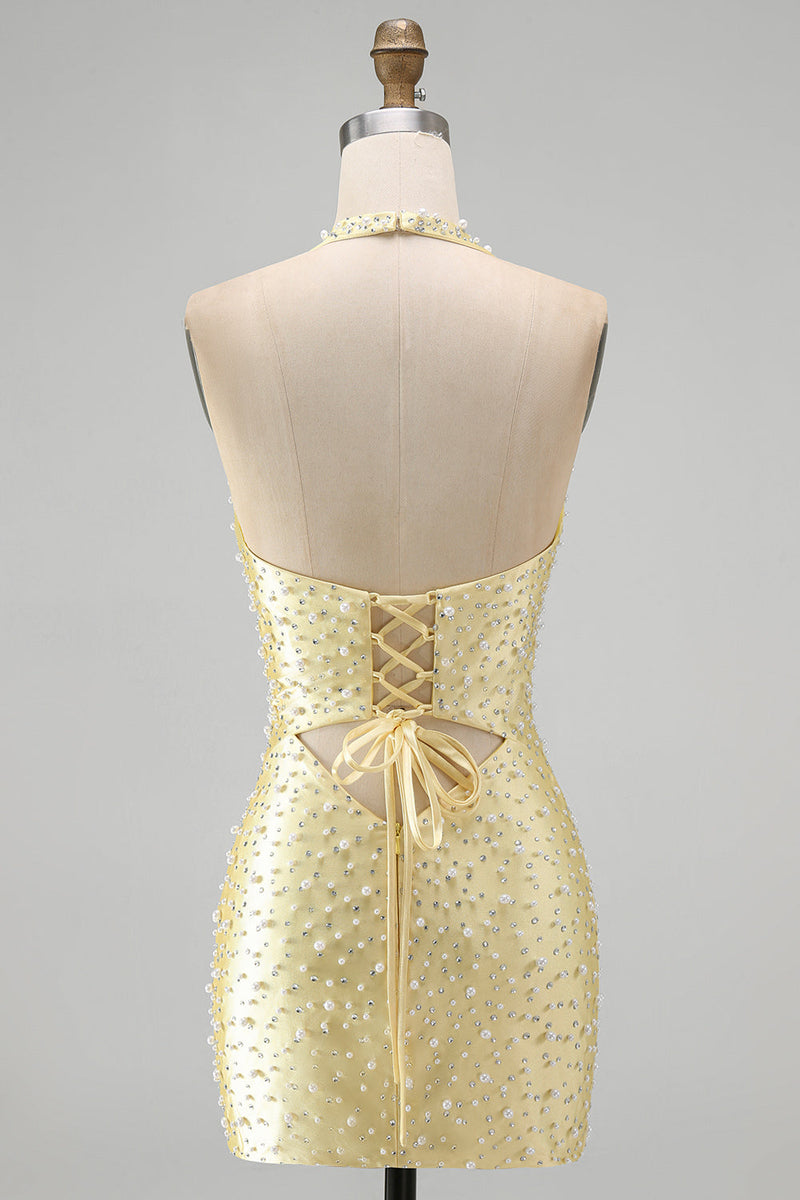 Load image into Gallery viewer, Sparkly Yellow Satin Tight Cut Out Halter Mini Cocktail Dress with Pearls