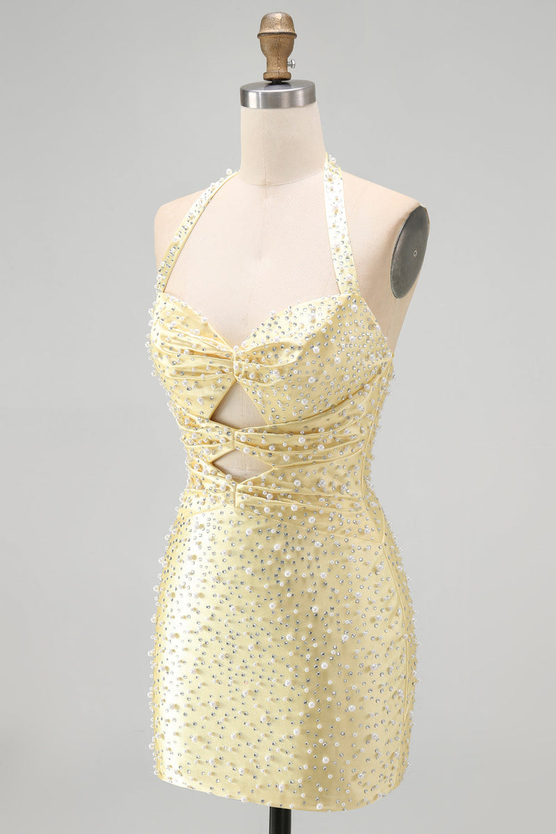 Load image into Gallery viewer, Sparkly Yellow Satin Tight Cut Out Halter Mini Cocktail Dress with Pearls