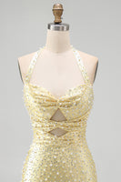 Load image into Gallery viewer, Sparkly Butter Yellow Halter Keyhole Tight Short Cocktail Dress with Pearls