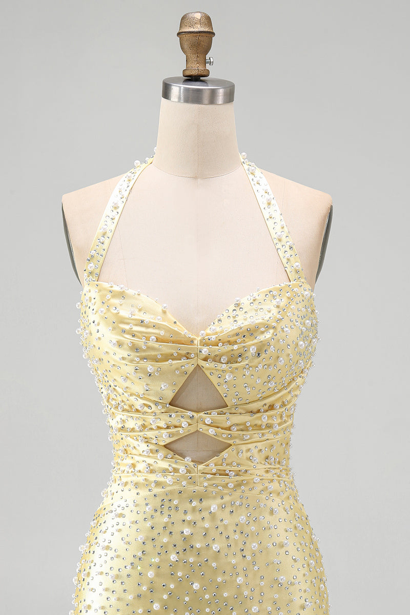 Load image into Gallery viewer, Sparkly Butter Yellow Halter Keyhole Tight Short Cocktail Dress with Pearls