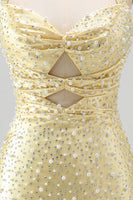 Load image into Gallery viewer, Sparkly Yellow Satin Tight Cut Out Halter Mini Cocktail Dress with Pearls