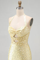 Load image into Gallery viewer, Sparkly Yellow Satin Tight Cut Out Halter Mini Cocktail Dress with Pearls