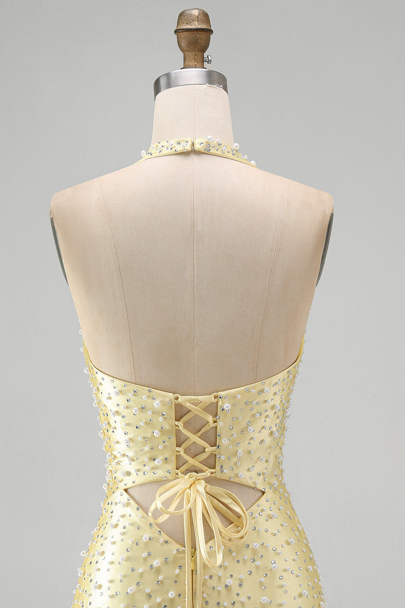 Load image into Gallery viewer, Sparkly Yellow Satin Tight Cut Out Halter Mini Cocktail Dress with Pearls