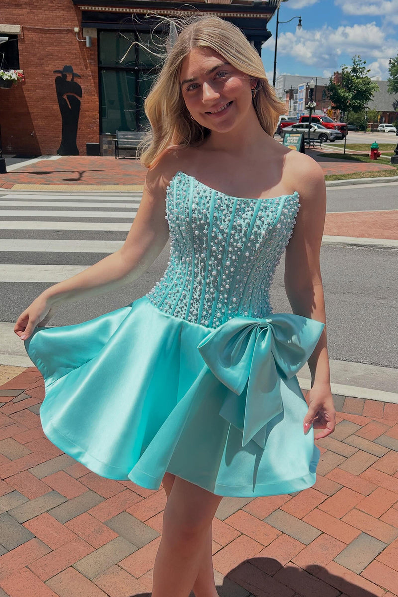Load image into Gallery viewer, Sparkly Mint A Line Short Corset Cocktail Dress with Bow
