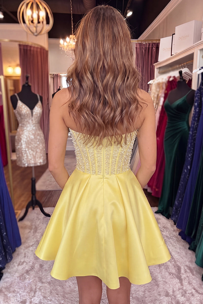 Load image into Gallery viewer, Sparkly Yellow Corset Short Cocktail Dress with Bow
