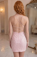 Load image into Gallery viewer, Sparkly Blue Tight Short Cocktail Dress with Pearls