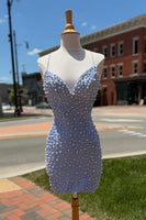 Load image into Gallery viewer, Sparkly Blue Tight Short Cocktail Dress with Pearls