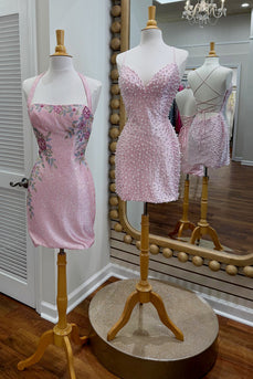Sparkly Pink Tight Spaghetti Straps Short Cocktail Dress with Pearls