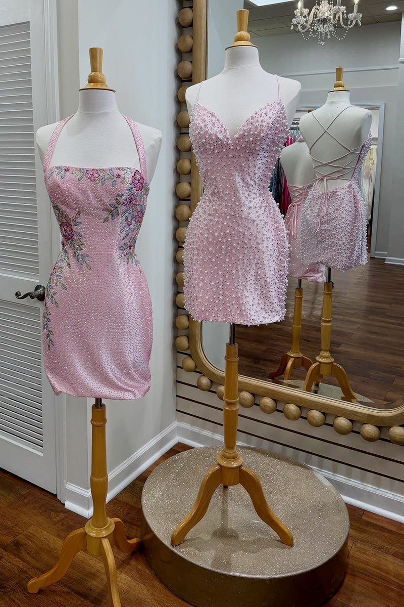 Load image into Gallery viewer, Sparkly Pink Tight Spaghetti Straps Short Cocktail Dress with Pearls
