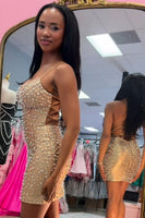 Load image into Gallery viewer, Sparkly Pink Tight Spaghetti Straps Short Cocktail Dress with Pearls