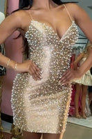 Load image into Gallery viewer, Sparkly Blue Tight Short Cocktail Dress with Pearls
