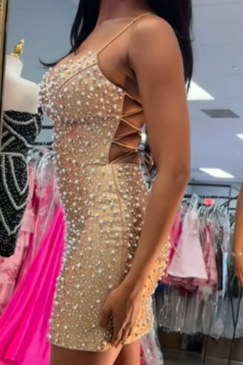 Load image into Gallery viewer, Sparkly Blue Tight Short Cocktail Dress with Pearls