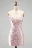 Load image into Gallery viewer, Sparkly Pink Beaded V-Neck Short Tight Cocktail Dress with Pearls