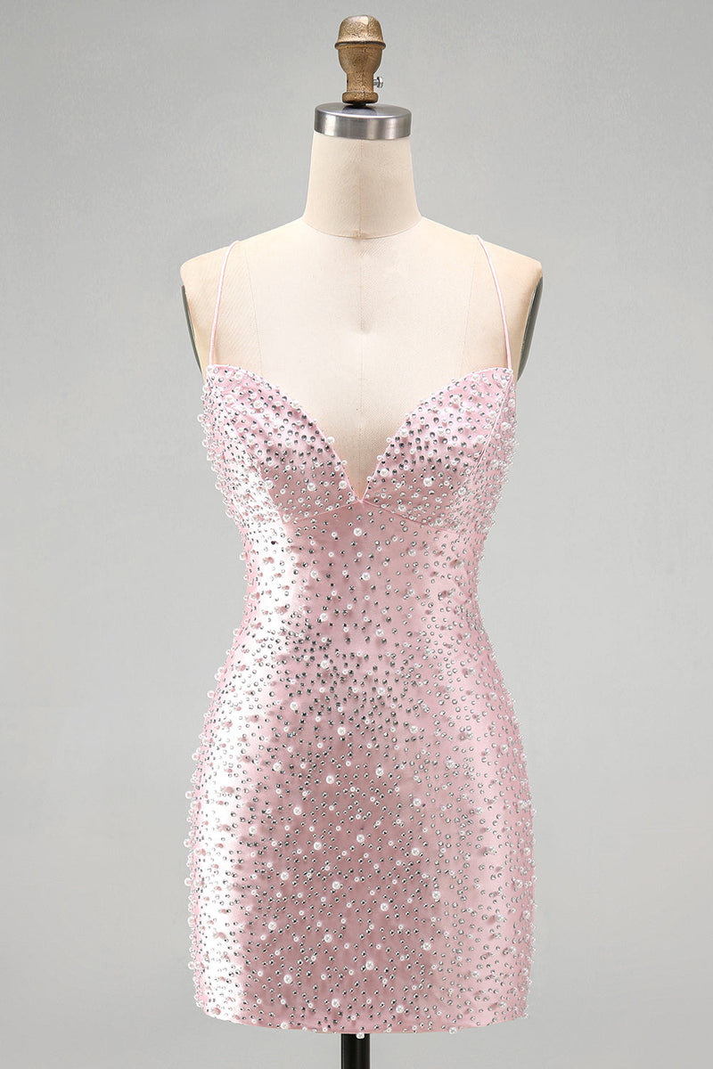 Load image into Gallery viewer, Sparkly Pink Beaded V-Neck Short Tight Cocktail Dress with Pearls