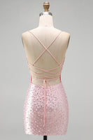 Load image into Gallery viewer, Sparkly Pink Beaded V-Neck Short Tight Cocktail Dress with Pearls