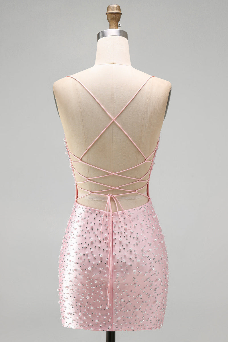 Load image into Gallery viewer, Sparkly Pink Beaded V-Neck Short Tight Cocktail Dress with Pearls