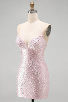 Load image into Gallery viewer, Sparkly Pink Beaded V-Neck Short Tight Cocktail Dress with Pearls