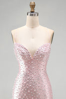 Load image into Gallery viewer, Sparkly Pink Beaded V-Neck Short Tight Cocktail Dress with Pearls