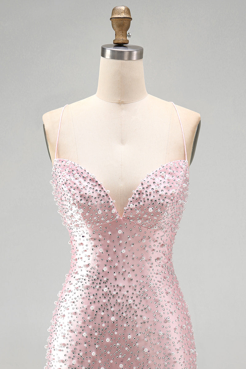 Load image into Gallery viewer, Sparkly Blue Tight Short Cocktail Dress with Pearls
