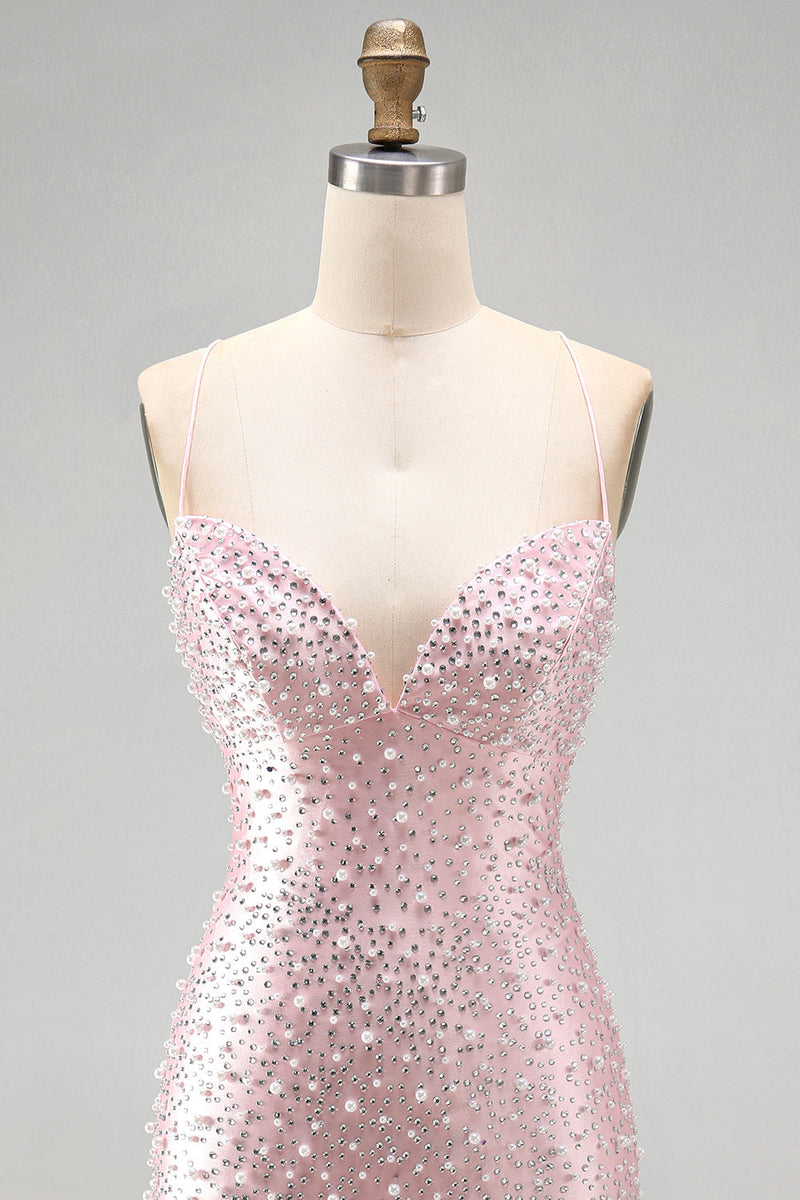 Load image into Gallery viewer, Sparkly Pink Beaded V-Neck Short Tight Cocktail Dress with Pearls