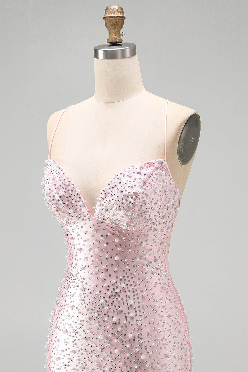 Load image into Gallery viewer, Sparkly Pink Beaded V-Neck Short Tight Cocktail Dress with Pearls
