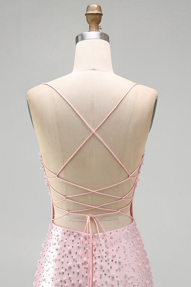 Load image into Gallery viewer, Sparkly Pink Beaded V-Neck Short Tight Cocktail Dress with Pearls