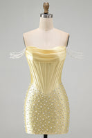 Load image into Gallery viewer, Yellow Corset Tight Sparkly Off the Shoulder Short Cocktail Dress with Pearls