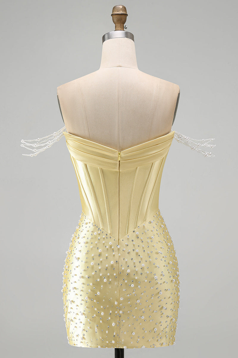 Load image into Gallery viewer, Yellow Corset Tight Sparkly Off the Shoulder Short Cocktail Dress with Pearls