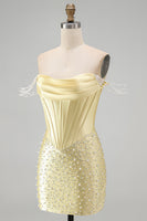 Load image into Gallery viewer, Yellow Corset Tight Sparkly Off the Shoulder Short Cocktail Dress with Pearls