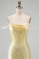 Load image into Gallery viewer, Yellow Corset Tight Sparkly Off the Shoulder Short Cocktail Dress with Pearls