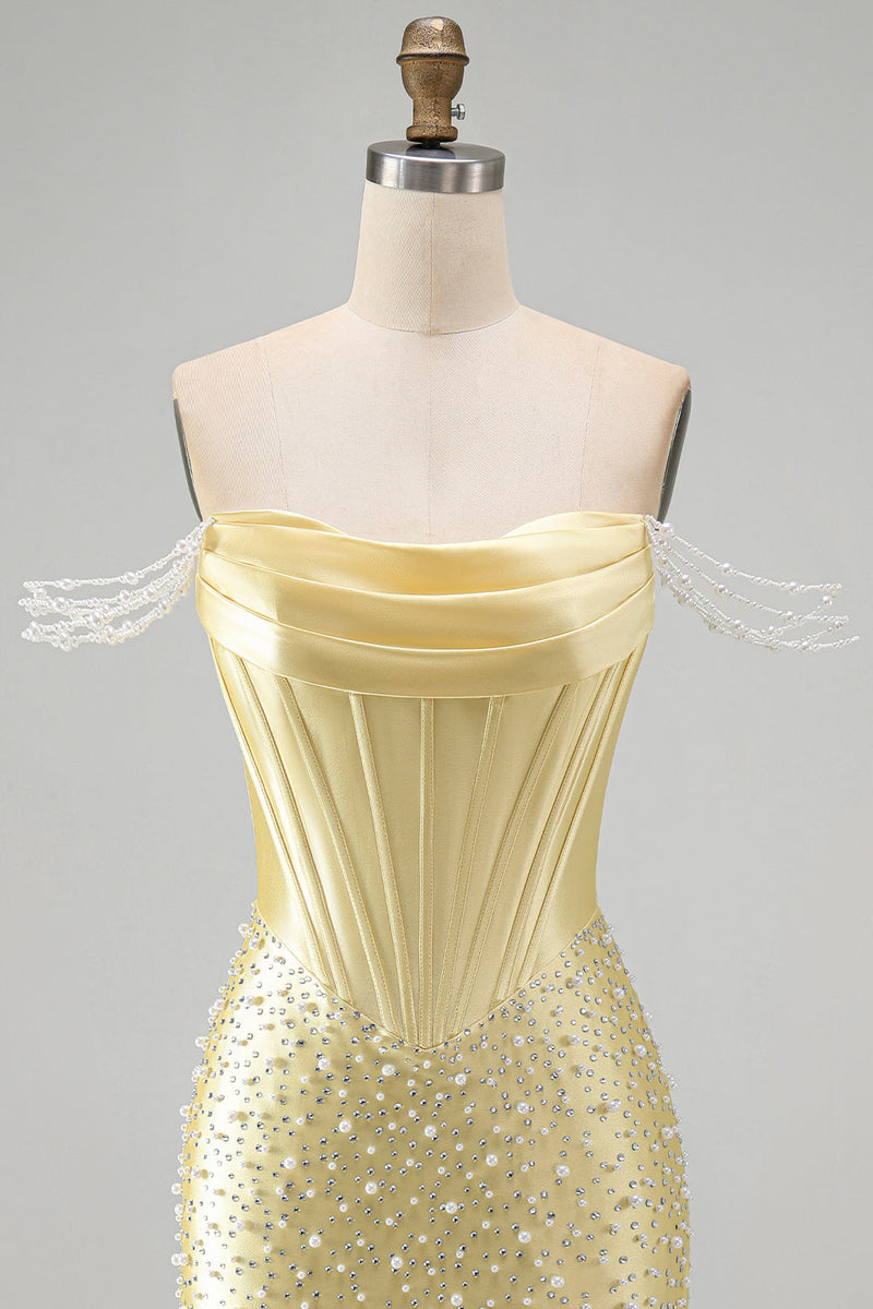 Load image into Gallery viewer, Yellow Corset Tight Sparkly Off the Shoulder Short Cocktail Dress with Pearls