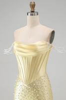 Load image into Gallery viewer, Yellow Corset Tight Sparkly Off the Shoulder Short Cocktail Dress with Pearls