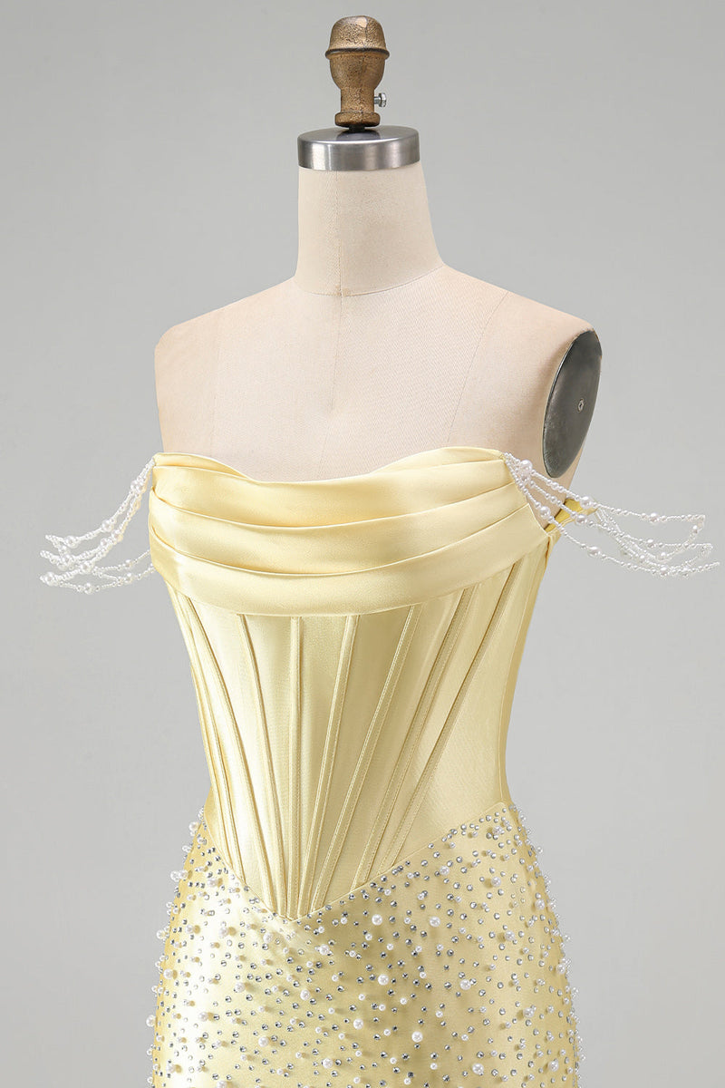 Load image into Gallery viewer, Yellow Corset Tight Sparkly Off the Shoulder Short Cocktail Dress with Pearls