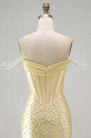 Load image into Gallery viewer, Yellow Corset Tight Sparkly Off the Shoulder Short Cocktail Dress with Pearls