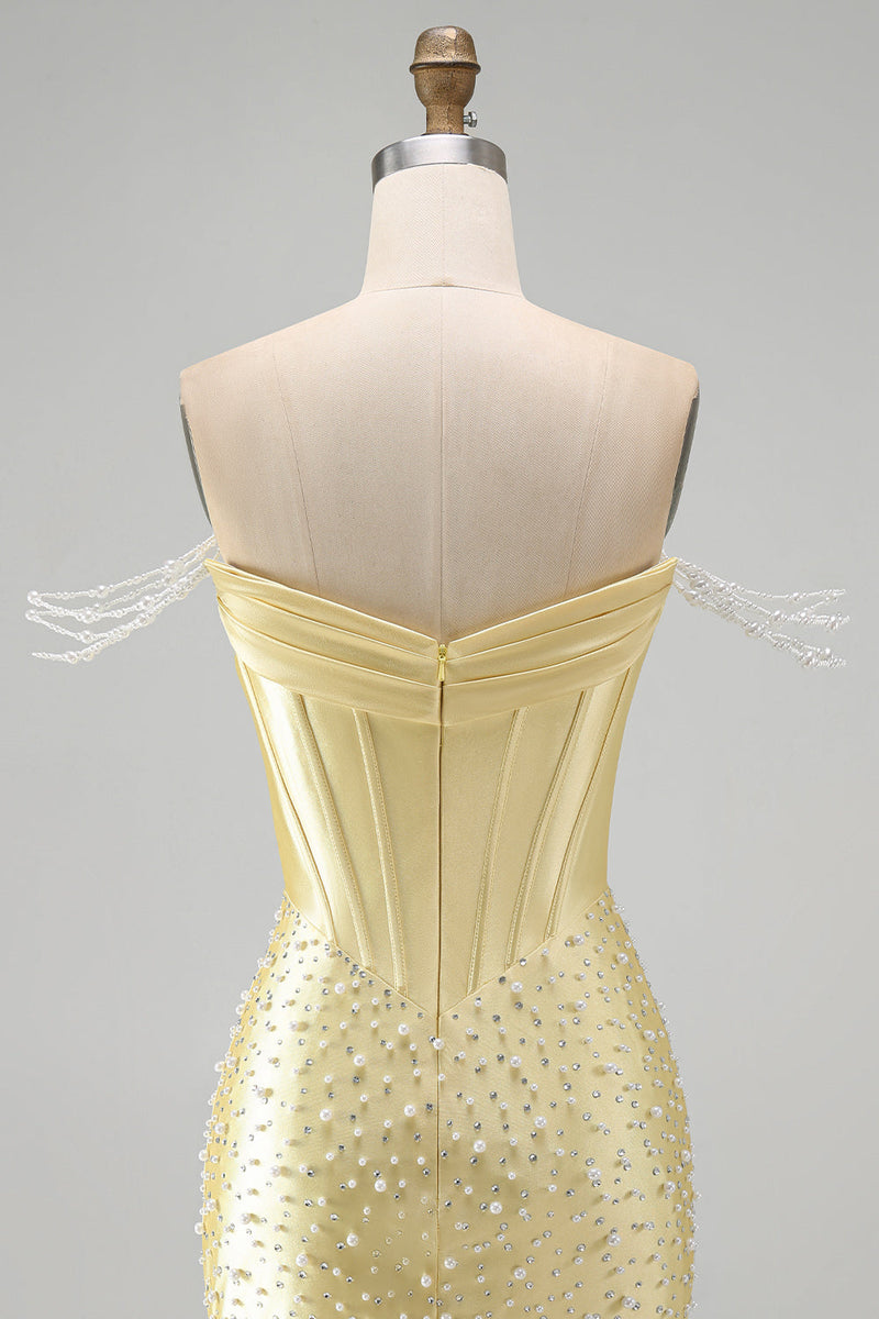 Load image into Gallery viewer, Yellow Corset Tight Sparkly Off the Shoulder Short Cocktail Dress with Pearls