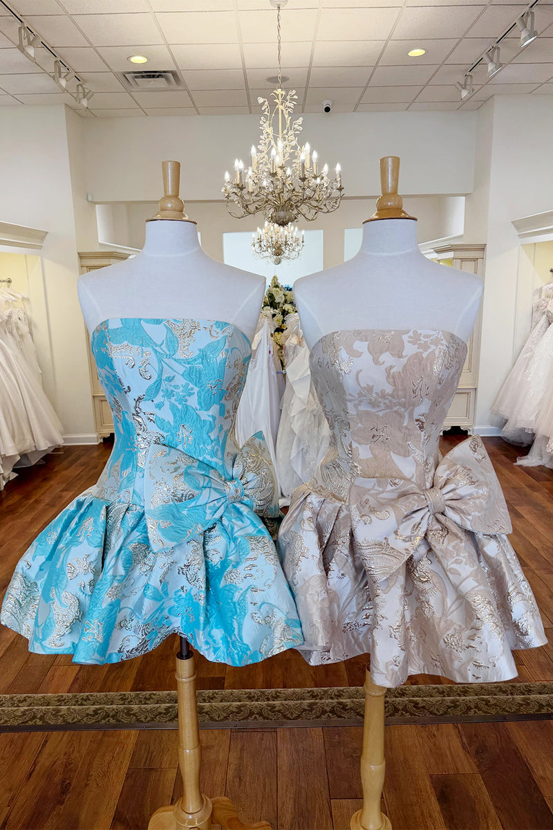 Load image into Gallery viewer, Floral Mint A Line Short Strapless Homecoming Dress with Bow