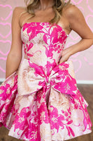 Load image into Gallery viewer, Fuchsia Floral Strapless A Line Short Cocktail Dress with Bow