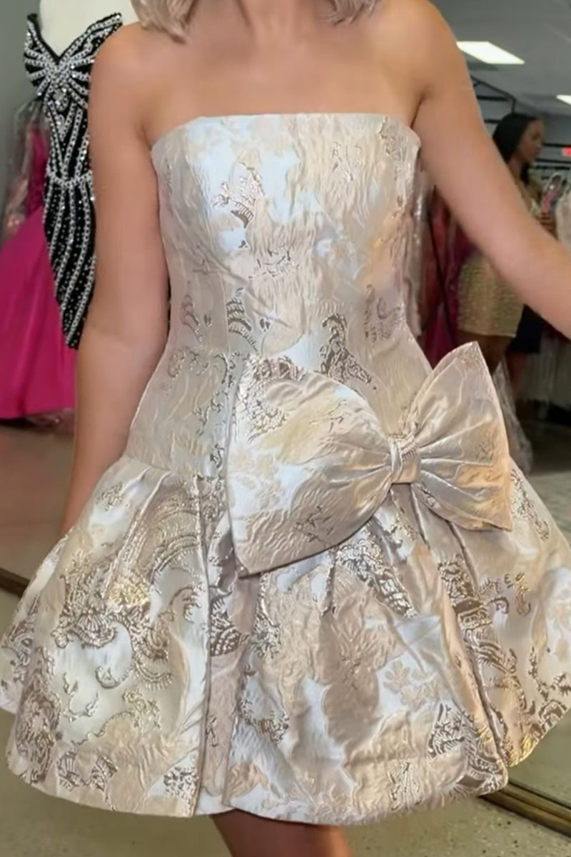 Load image into Gallery viewer, Fuchsia Floral Strapless A Line Short Cocktail Dress with Bow