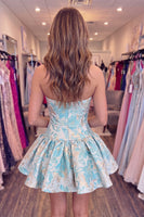 Load image into Gallery viewer, Floral Mint A Line Short Strapless Homecoming Dress with Bow
