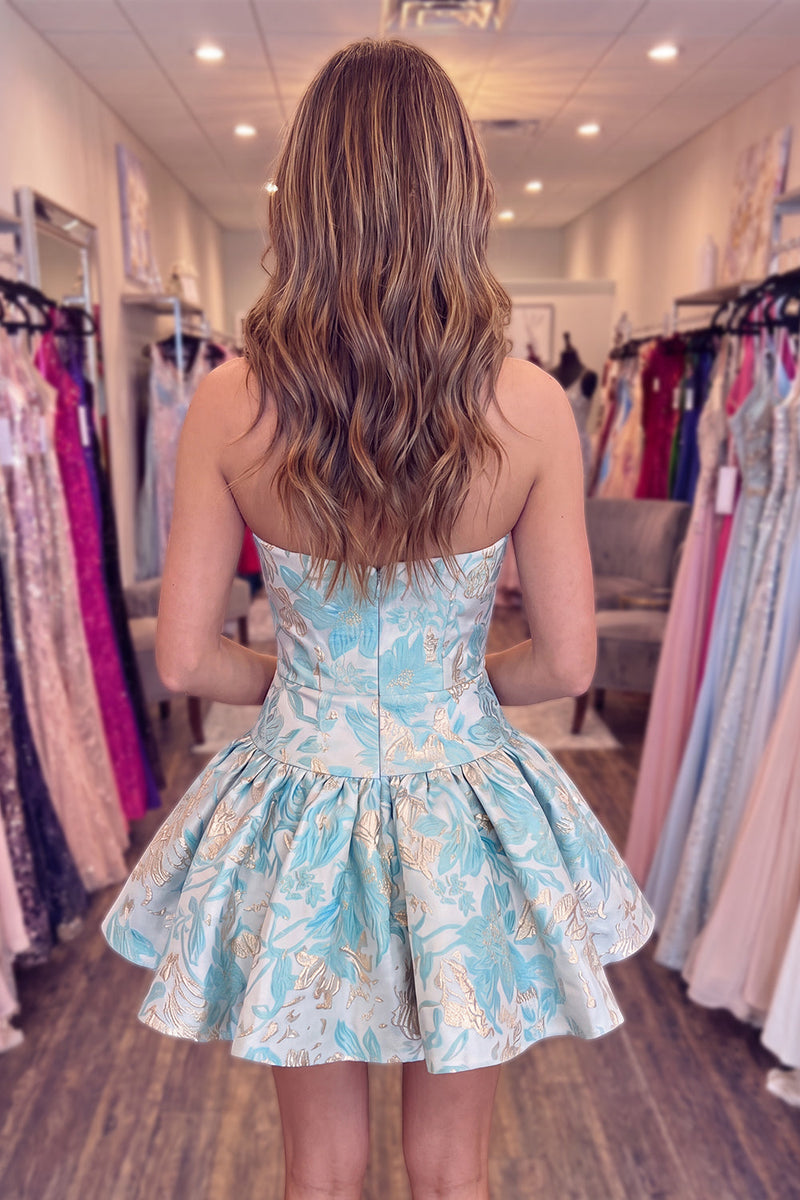 Load image into Gallery viewer, Floral Mint A Line Short Strapless Homecoming Dress with Bow
