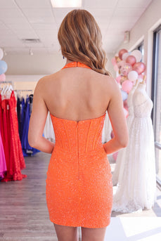 Sparkly Orange Halter Short Corset Tight Cocktail Dress