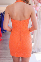 Load image into Gallery viewer, Sparkly Orange Halter Short Corset Tight Cocktail Dress