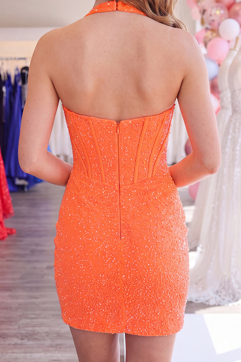 Load image into Gallery viewer, Sparkly Orange Halter Short Corset Tight Cocktail Dress