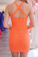 Load image into Gallery viewer, Sparkly Orange Halter Short Corset Tight Cocktail Dress