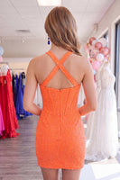 Load image into Gallery viewer, Sparkly Orange Halter Short Corset Tight Cocktail Dress